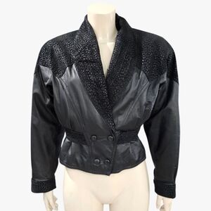 CHIA Vtg 80s Black Leather Animal Print Suede Mix Cropped Leather Jacket XS